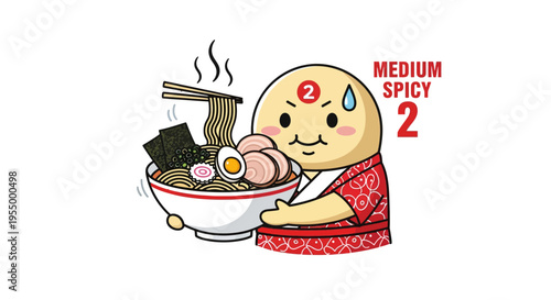 A cute cartoon character, a round, bald figure in a red robe, sweating while holding a large bowl of steaming ramen with noodles, pork, egg, and seaweed, indicating medium spicy level.
