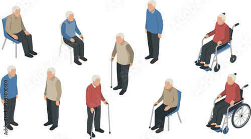 elderly, people, seniors, isometric, characters, old, age, care, healthcare, retirement, pensioners, illustration, vector, clipart, support, disability, lifestyle, set, design
