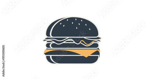 A minimalist dark blue hamburger icon with an orange cheese slice and sesame seeds on a white background, representing fast food.