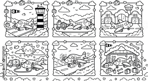 Colorbook style black and white airplane airport scenes with planes taxiing fueling landing and parked in hangar surrounded by clouds and stars vector art