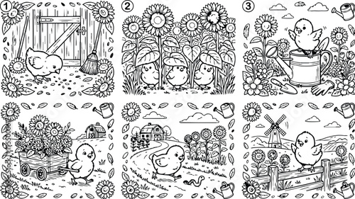 Colorbook style cute baby chick exploring sunflower garden with watering can and countryside farm landscape in charming vector art drawing