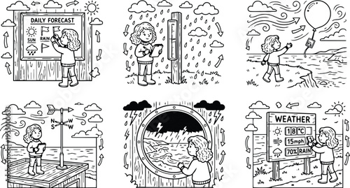 Colorbook style weather forecast girl checking daily weather report measuring rainfall using balloon wind direction and storm observation illustrations