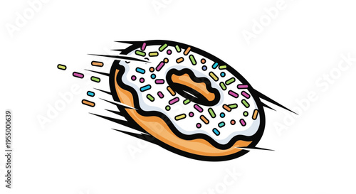 A cartoon illustration of a fast-moving donut with white icing and colorful sprinkles, depicted with speed lines on a white background.