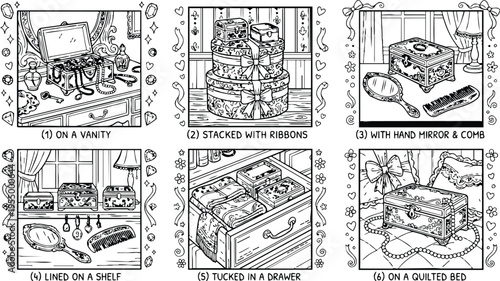 Colorbook style detailed vintage jewelry boxes arranged on vanity shelf drawer and quilted bed with ribbons hand mirror and comb decorative illustration