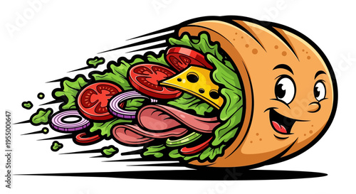 A vibrant cartoon illustration of a fast-moving submarine sandwich with a happy face, filled with fresh ingredients like lettuce, tomato, onion, meat, and cheese, depicting speed and deliciousness.