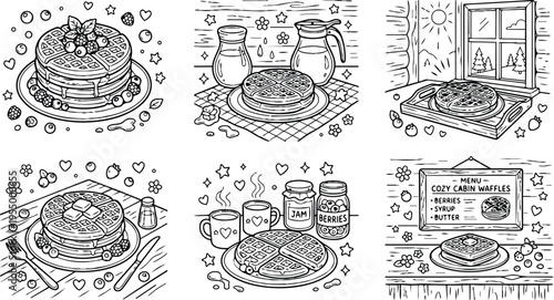 Colorbook style hand drawn black and white waffles with berries syrup butter jam and cozy cabin tray near window autumn morning illustration set