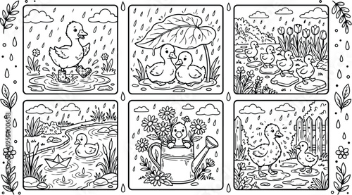 Colorbook style detailed scenes of cute ducklings playing in rain puddles with boots flowers leaf umbrella and pond in black and white line art vector design