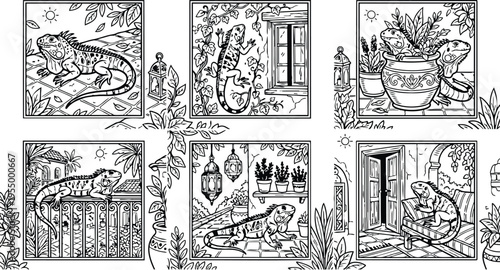 Colorbook style detailed black and white lizard illustrations in various settings on tiled floors near potted plants windows lanterns and outdoor balcony scenes with sunlight and leafy vines