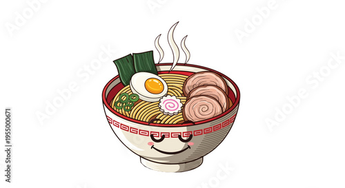 A cute cartoon bowl of steaming hot ramen with a happy face, filled with noodles, chashu pork, a soft-boiled egg, nori, and narutomaki.