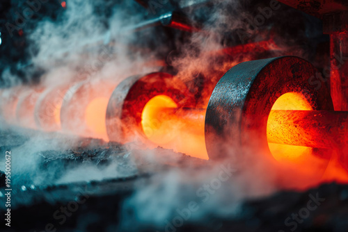Industrial metalworking scene with glowing molten steel being poured into circular molds, surrounded by steam and smoke in a manufacturing facility