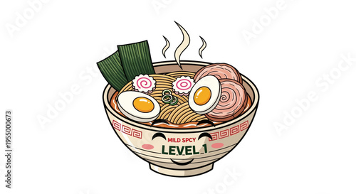 A cute cartoon bowl of steaming ramen noodles with eggs, pork, narutomaki, and nori, labeled "MILD SPICY LEVEL 1".