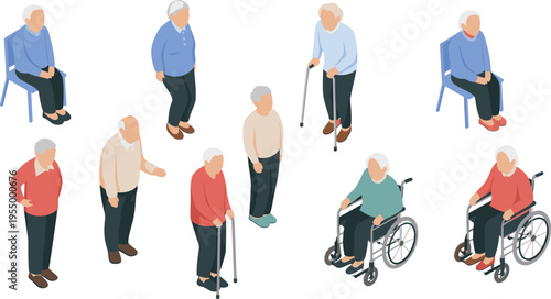 elderly, people, seniors, isometric, characters, old, age, care, healthcare, retirement, pensioners, illustration, vector, clipart, support, disability, lifestyle, set, design