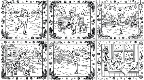 Colorbook style winter scenes with children ice skating drinking cocoa sitting resting and sleeping in cozy snowy village festive seasonal framed illustrations