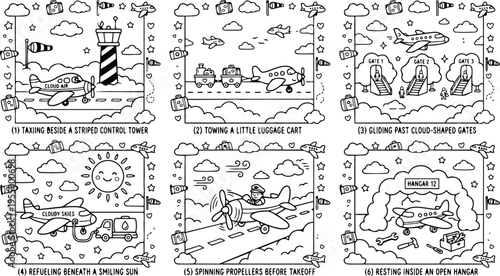 Colorbook style vector art of smiling sun above airplane fueling and spinning propellers beside striped control tower with luggage cart and cloud gates in open hangar scene