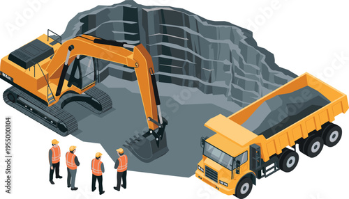 Excavator and dump truck at quarry site with workers isometric vector illustration mining equipment heavy industry construction concept
