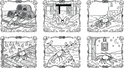 Colorbook style detailed line art marine creatures including lobsters crabs and sea birds in coastal scenes with nautical frames and shells for coloring fun and creativity