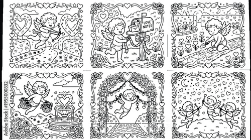 Colorbook style six cupid angel scenes with love notes mailbox heart shaped path and flowers detailed line art vector set