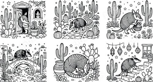 Colorbook style detailed armadillo walking on desert path with cactus plants and stars around in black and white vector art set