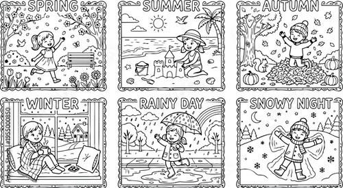 Colorbook style line art with children enjoying spring summer autumn winter rainy day and snowy night scenes in detailed seasonal panels with playful joyful expressions