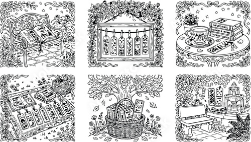 Colorbook style detailed garden reading scenes with vintage floral frames bench table basket full of books peaceful nature illustration set