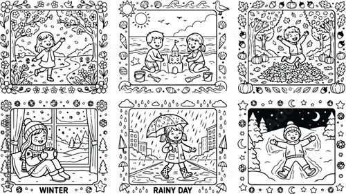 Colorbook style children playing in different seasons outdoor activities with smiling expressions including autumn leaves raining umbrella beach sandcastle and winter snow angel fun