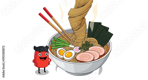 A vibrant illustration of a steaming bowl of ramen with pork, eggs, and green onions, accompanied by a cute red cartoon character.