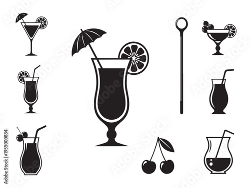A collection of cocktail icons with umbrellas and fruit