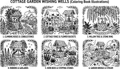 Colorbook style detailed cottage garden wishing wells with climbing roses cobblestone path flower buckets and wooden garden bridge serene outdoor countryside scene