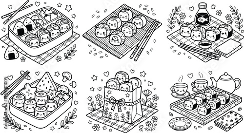 Colorbook style kawaii sushi set with cute smiling rolls in lunchbox bamboo mat soy sauce bottle and tea pot detailed line art coloring page illustration
