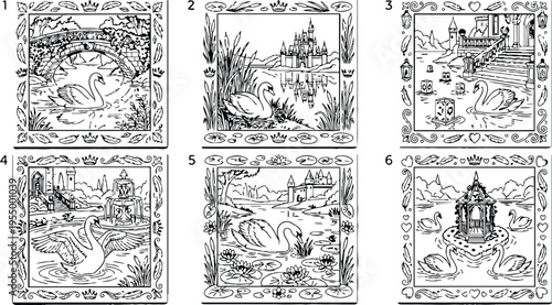 Colorbook style detailed vector art set of six elegant swans in scenic fairy tale garden settings with castles bridges fountains and decorative floral borders for coloring
