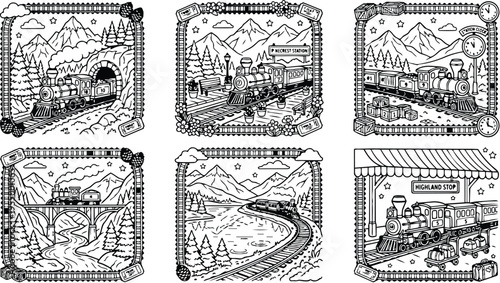 Colorbook style detailed vintage steam trains on mountain tracks passing through tunnels bridges stations and scenic landscapes black line art vector design set