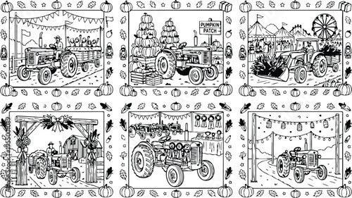 Colorbook style detailed farm tractor scenes with harvest crops and festive fair background including pumpkin patch tractor and autumn leaves border