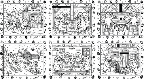 Colorbook style winter lodge scenes with yetis preparing cocoa decorating cabin sledding and stacking firewood in cozy snowy forest setting detailed line art