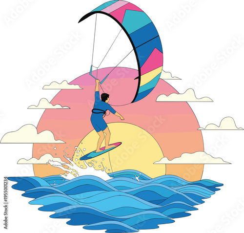 kitesurfing, surfing, ocean, sunset, waves, sport, extreme, beach, water, adventure, summer, illustration, vector, silhouette, design, tropical, activity, colorful, lifestyle