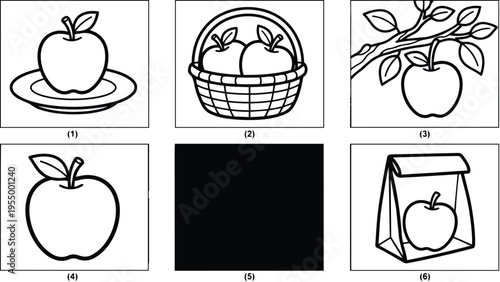 Black and white line art apple on plate basket tree branch and lunch bag