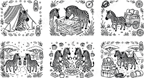 Colorbook style vector art featuring zebras camping setting with map trail reading moments walking with luggage carts and sitting around campfire in night time