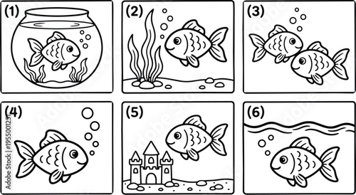 Black and white cartoon fish in aquarium bowl seaweed and sand castle line art vector