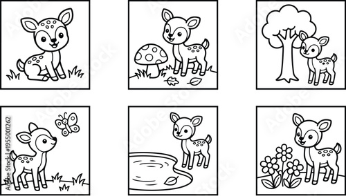 Cute baby deer with butterfly mushroom tree and flowers in nature