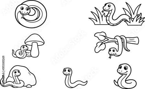 Cartoon snakes in various poses with grass mushroom and rock