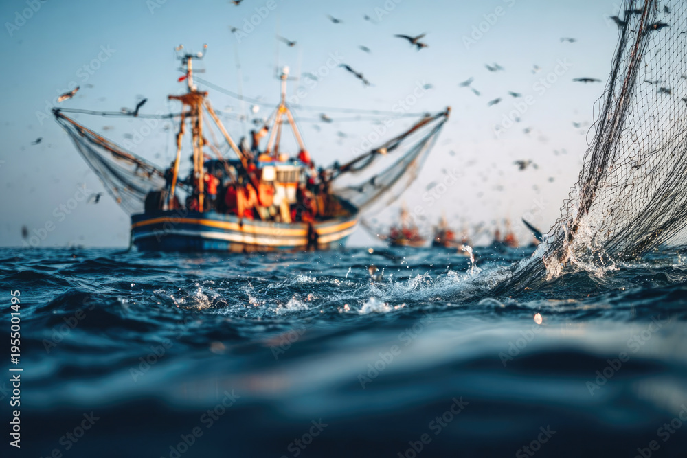 Obraz premium Fishing boat with crew working on deck surrounded by seagulls and splashing water in the foreground, capturing the essence of marine life and fishing industry