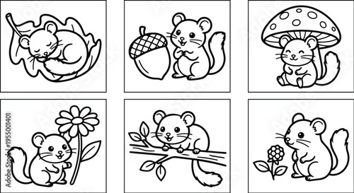 Cute chipmunk in six nature scenes with leaf acorn flower and mushroom