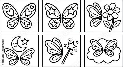 Black and white butterflies with hearts stars flowers moon and magic wand line art