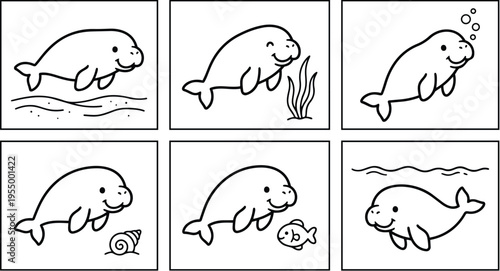 Happy manatee with ocean plants fish and shell set