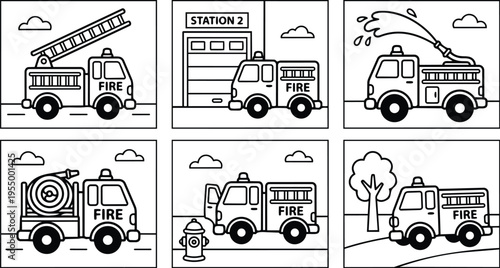 Black and white line art fire truck with ladder water hose and hydrant set