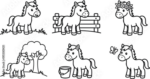 Black and white line art cute baby horses with flowers bucket and butterfly