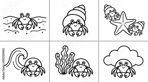 Happy hermit crab with wave coral starfish and cloud