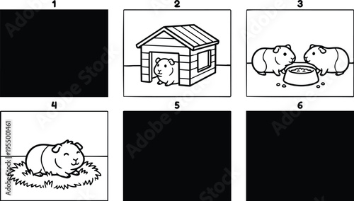 Black and white line art guinea pigs eating and resting near wooden house