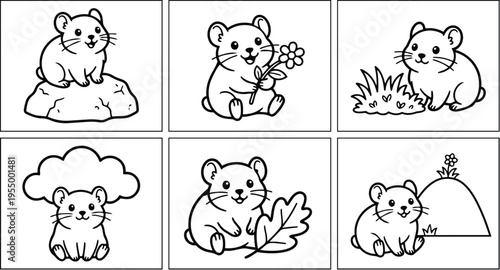 Six cute hamsters with leaves and flowers