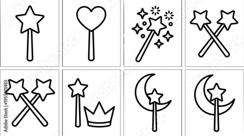 Black and white star and heart magic wand icons with crown and moon elements