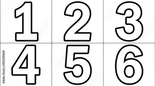 Black and white bold outlined numbers one to six vector art set